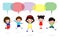 Children playing with speech bubbles, stylish children jumping with speech bubble, child talking with speech balloon isolated