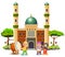 the children are playing with their music tool in front of the mosque