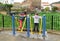 Children playing on a walking or balancing gymnastic apparatus