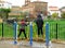 Children playing on a walking or balancing gymnastic apparatus