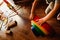 Children playing with wooden rainbow waldorf montessori.