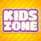 Children playroom decoration. Logo of playing game areas with text Kid zone, cartoon vector background