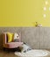 Children playroom with yellow wall and kids armchair, children room interior mock up with soft toys and pillows, 3d rendering