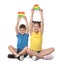 Children with pop it fidget toys on white background