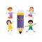 Children Posing With Pencil Character, Back to school, cartoon Children flying on pencil, kids riding big pencil in the sky