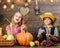 Children presenting farm harvest wooden background. Reasons why every child should experience farming. Farm market