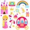 Children princess party design elements. Stickers, clip art for girls. Carriage, castle, rainbow and other fairy symbols