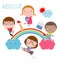 Children on the rainbow, education concept, Back to school, Diverse child on the rainbow, kid summer camp on white background.