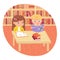 Children reading books in school library. Happy clever kids learning activity vector illustration. Girl and boy sitting