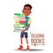 Children Reading Books Vector. Arfo American Boy With Big Stack Of Books. Education. Black. Child Library Concept
