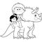 Children ride a triceratops prehistoric animal. Cavemen kids and dinosaur in stone age. Vector black and white coloring page