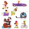 Children riding city and toy vehicle, flat cartoon vector illustration isolated.