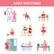 Daily children routine infographic set cartoon vector illustration isolated.