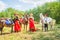 Children in Russian national attire and ponies at the equestrian sports festival