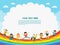 Children`s activities. Happy children are jumping on rainbow background.