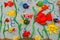 Children's application aquarium. Multicolored bright fish, starfish, seahorses. Interesting handmade paper