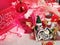 Children`s basket with gifts for Christmas beneath an ornate Christmas tree,Christmas background. blurred holiday tree lights and 