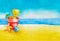 Children`s beach toys bucket, spade, umbrella, shell and starfish in the sand against sky, ocean or sea in background as concept