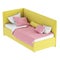 Children`s bed with soft fabric yellow upholstery and white-pink bed linen on a white background. 3d rendering