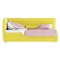 Children`s bed with soft fabric yellow upholstery and white-pink bed linen on a white background. Front view. 3d