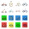 Children`s bicycle, a double tandem and other types.Different bicycles set collection icons in cartoon,flat style vector