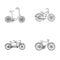 Children`s bicycle, a double tandem and other types.Different bicycles set collection icons in outline style vector