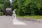 Children`s bike on the side of a country road. On a blurred background garbage truck