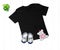 Children`s black t-shirt with toys on a white wooden background