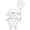 Children`s black and white illustration of a cute joyful blue sheep holding a balloon. For coloring book or page.