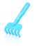 Children`s blue plastic rake on a white background. Rake for playing in the sandbox, close-up. Catalog of children`s toys.