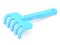 Children`s blue plastic rake on a white background. Rake for playing in the sandbox, close-up. Catalog of children`s toys.