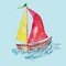 children\\\'s boat drawing illustration for a book or coloring book on the blue sea with red and yellow