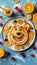 Children s breakfast cute dog face pancake with berries and honey on white plate, bright background