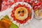 Children\'s breakfast pancakes smiling face of the