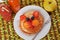 Children\'s breakfast pancakes smiling face of the cat, kitten, strawberry blueberry and apricot, cute food, honey