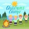 Children`s camp vector illustration. Girl and the boys are waving hands and picnic hike near the fire.