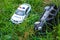 Children`s cars on the grass police and jeep