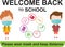 Children`s cartoons welcome back to school, keep their distance and wear masks, vector illustrations for the post covid-19