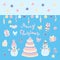 Children`s Christmas card with snowmen, gifts, Christmas tree