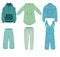 Children's clothing. A set of spring clothes includes a raincoat, jeans, jumpsuit, denim, capri, sweatshirt.