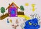 Children`s colorful drawing of a cozy house with animals and a blue lake with ducks