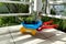 Children`s colorful garden trolley with seedlings, side view