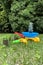 Children`s colorful garden trolley with seedlings, side view with garden tools