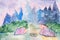 children\\\'s diy watercolor drawing on textured paper - traveling, hiking and camping in a