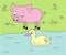 Children`s doodle illustration, where a little pig and a duck