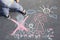 Children`s drawing with chalk on the asphalt, family with no dad. Son crossed out father. Family divorce topic