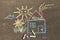 Children`s drawing with chalk on the asphalt: a house with the inscription home , sun and flower