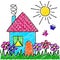 The children`s drawing house, flowers, grass, sun