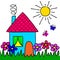 The children`s drawing house, flowers, grass, sun