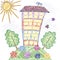 The children`s drawing house, flowers, trees, grass, sun